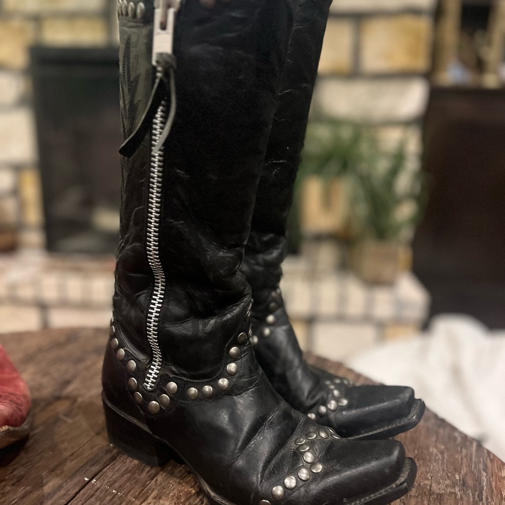 Black Leather Studded Boots with Zipper